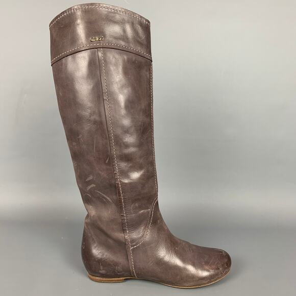 CHLOE Size 8.5 Brown Leather Contrast Stitch Knee High Julie Boots - Picture 1 of 7